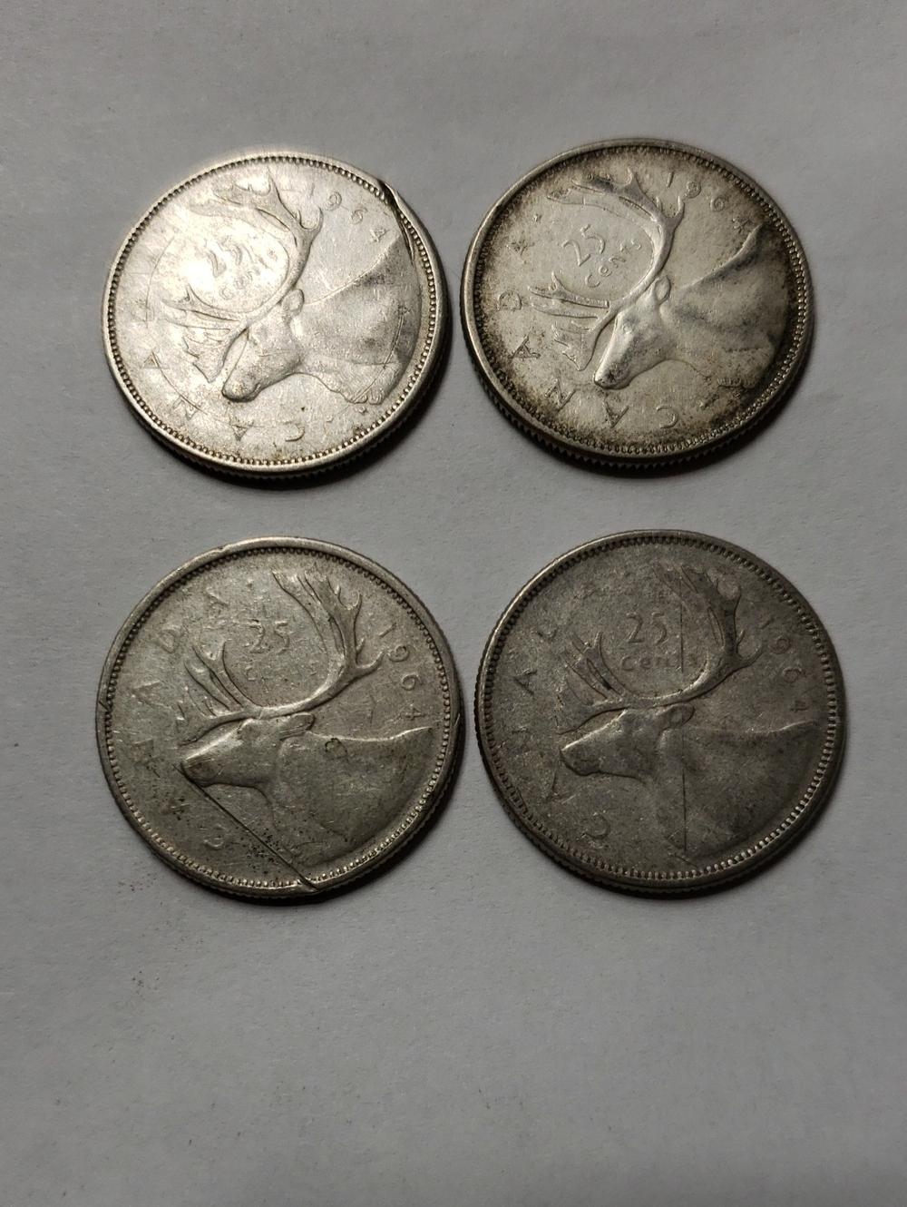 Set of 4 1964 25 Cent Coins with Caribou Design - 80% Silver